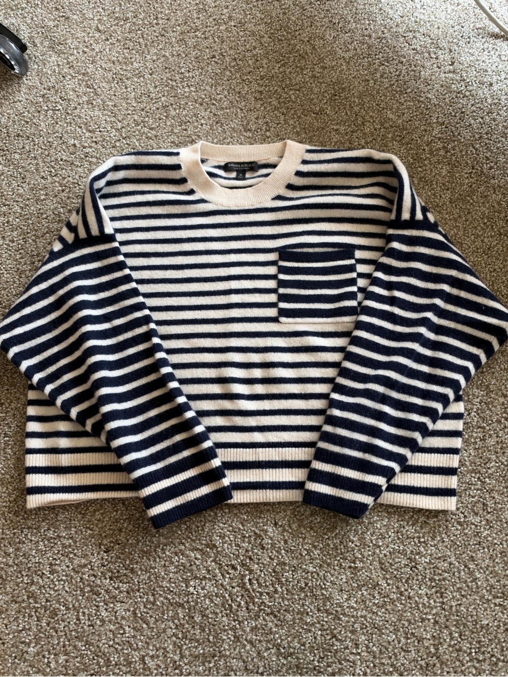 Banana Republic Navy and Cream Striped Crewneck Sweater